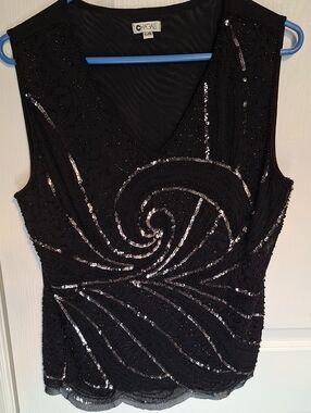 Chagall Black Sequin Swirl V-Neck Evening Top